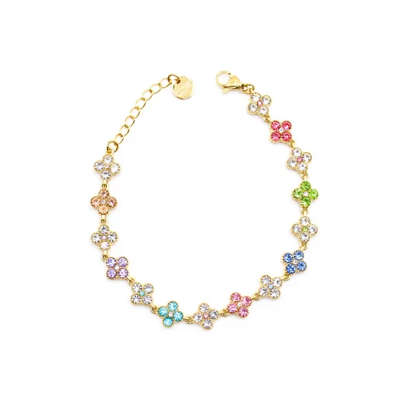 Bracelet fleurs strass colorés – Acier inoxydable doré