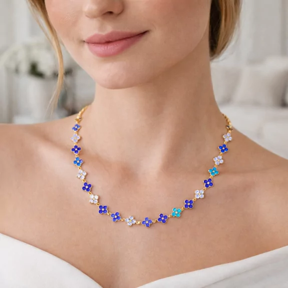 Collier fleurs strass colorés – Acier inoxydable doré