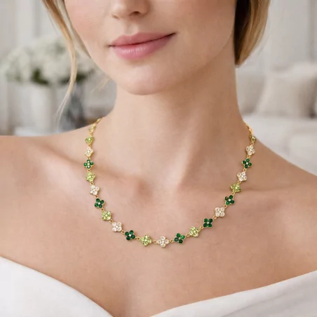 Collier fleurs strass colorés – Acier inoxydable doré