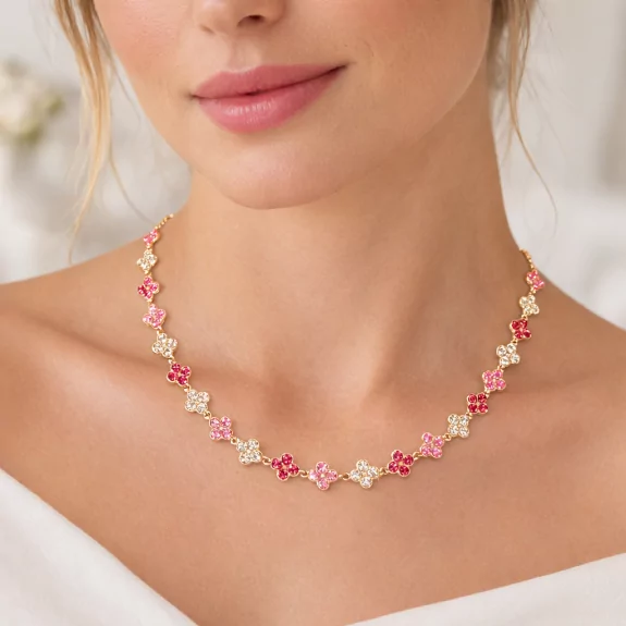 Collier fleurs strass colorés – Acier inoxydable doré