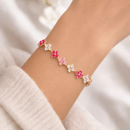 Bracelet fleurs strass colorés – Acier inoxydable doré