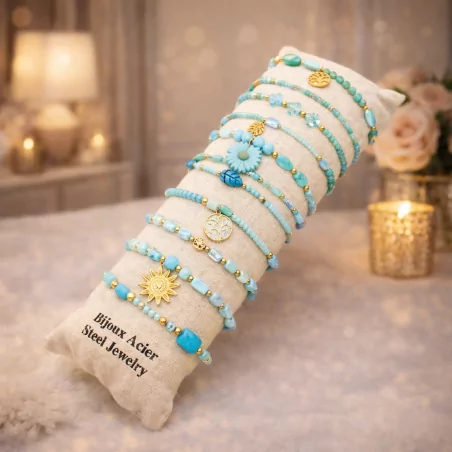 Pack de 12 bracelets cristal de verre et acier - TURQUOISE