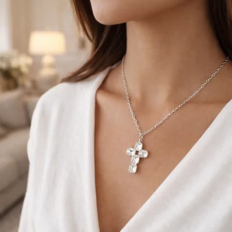 Collier croix cristaux – Acier inoxydable