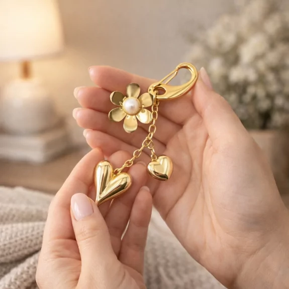 Porte-clés doré en acier...