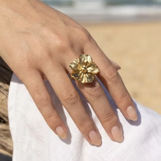 Bague fleur ajustable en acier inoxydable – Design texturé Bague fleur ajustable en acier inoxydable – Design texturé