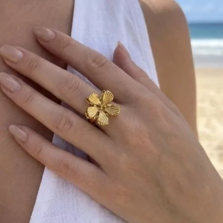 Bague fleur texturée en acier inoxydable – Ajustable