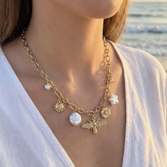 Collier chaîne à charms en acier inoxydable – Perles & motifs – Doré