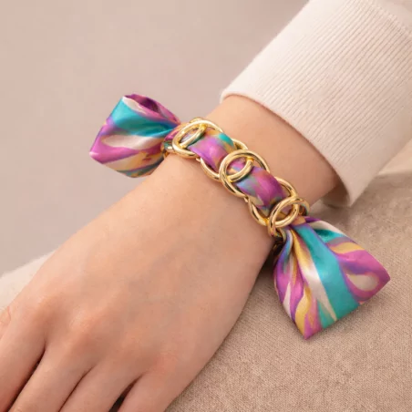 Bracelet acier avec ruban imprimé multicolore