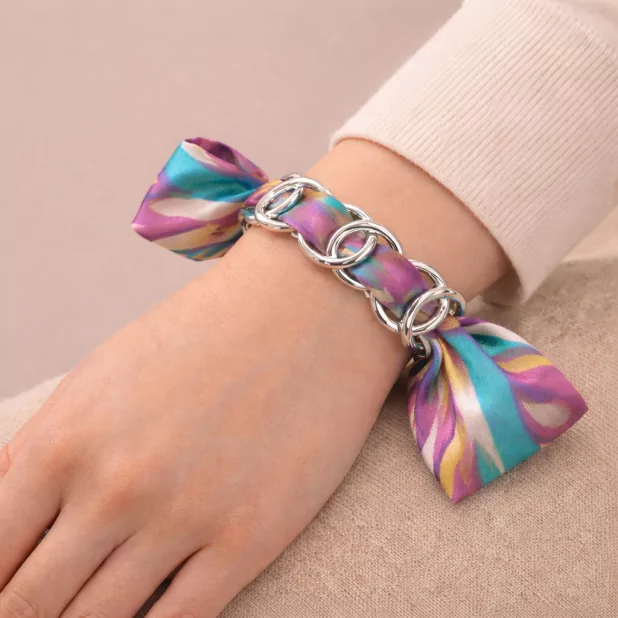 Bracelet acier avec ruban imprimé multicolore