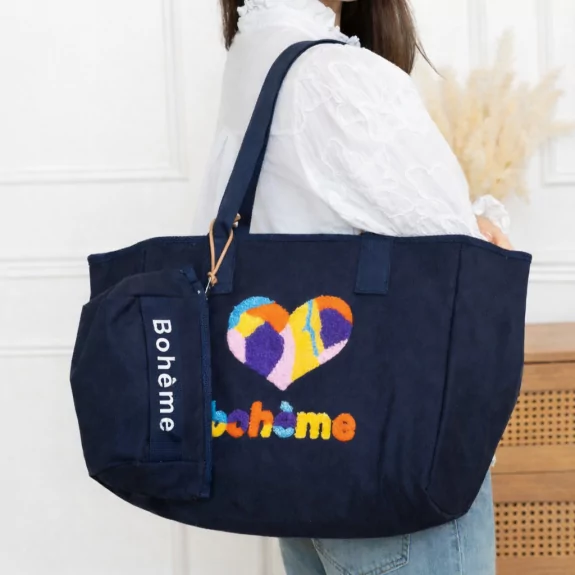 Sac cabas Bohème en jean coton brodé – cœur multicolore