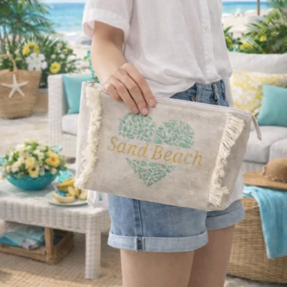 Pochette Sand Beach en toile coton effet jean avec franges
