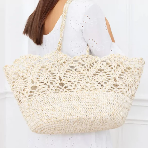 Panier bohème en crochet avec fil lurex or et pochon intérieur