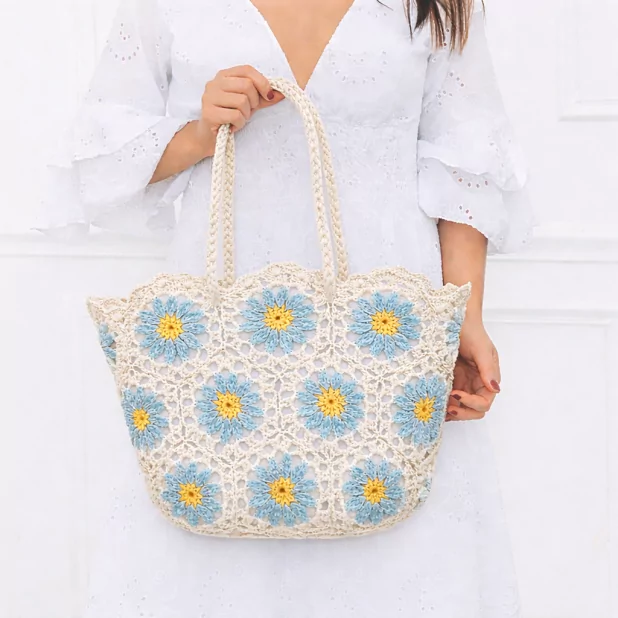 Grand Panier crochet fleurs colorées et pochon