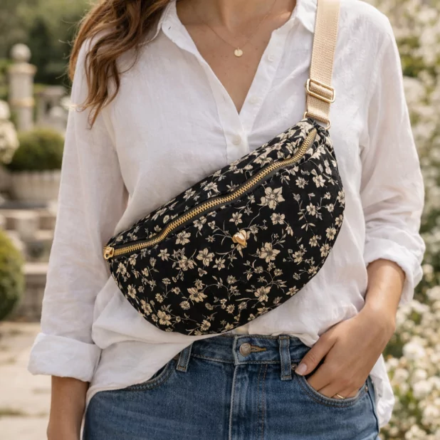 Sac banane matelassé 100 % coton imprimé fleuri Sac banane matelassé 100 % coton imprimé fleuri