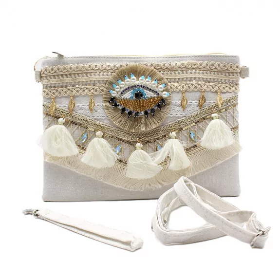 Sac bohème brodée avec perles et pompons