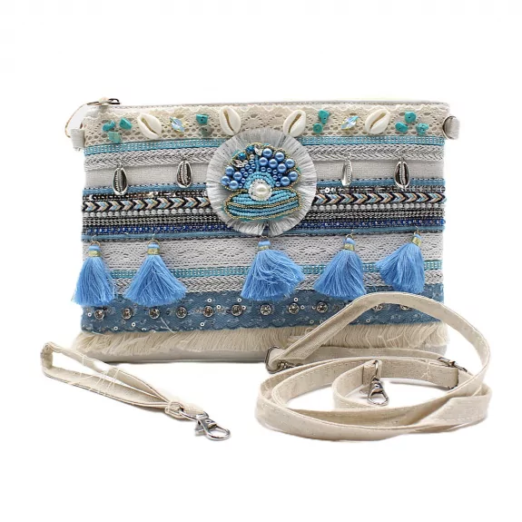 Sac bohème brodée avec perles et pompons