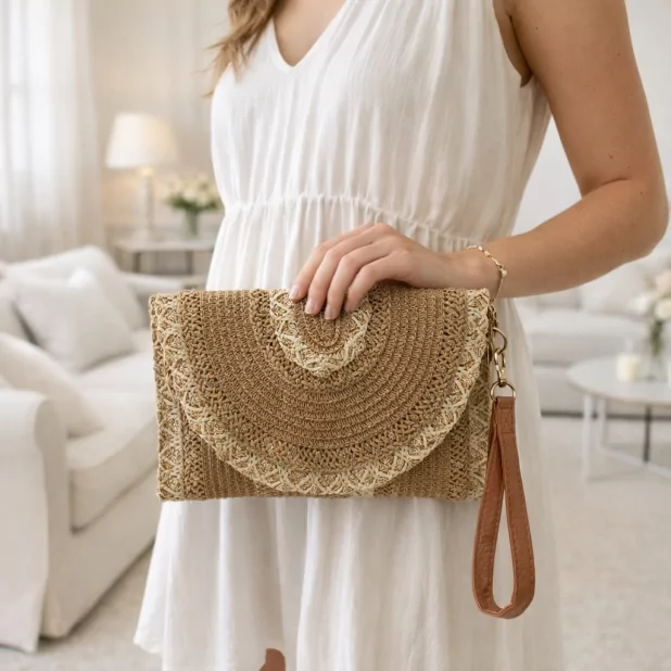 Pochette bandoulière bohème avec lurex doré – Papier tressé