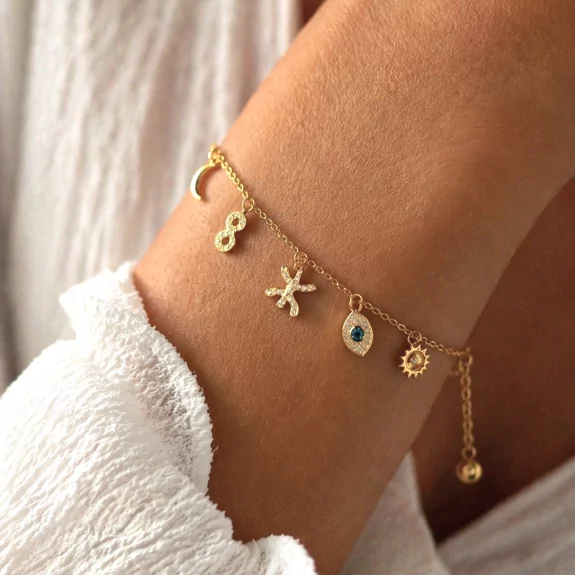 Bracelet charms en acier avec œil bleu lune soleil et infini