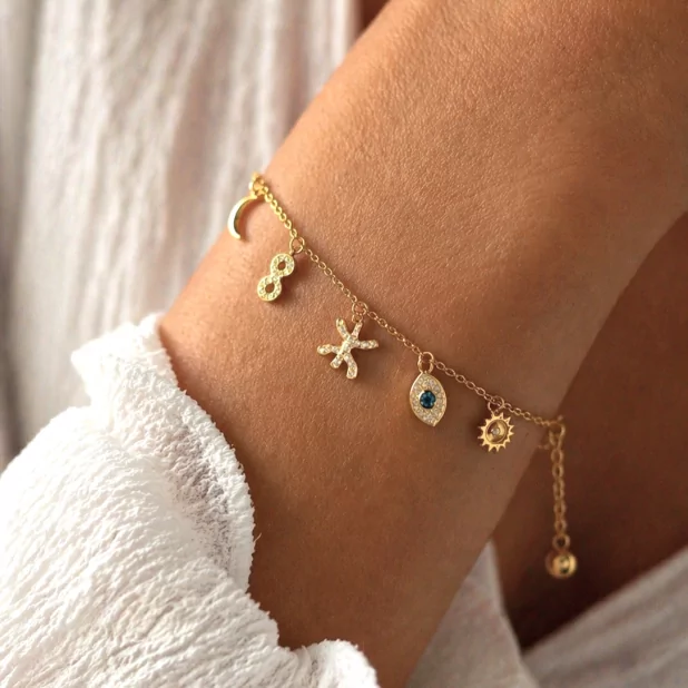 Bracelet charms en acier avec œil bleu lune soleil et infini