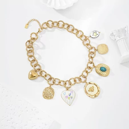 Collier chaîne dorée breloques cœur et médaillons