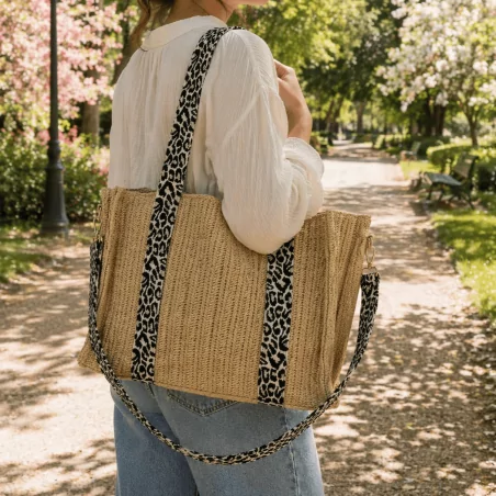 Sac cabas tressé femme avec bandoulière imprimée
