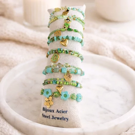 Pack de 12 bracelets cristal de verre et acier - vert