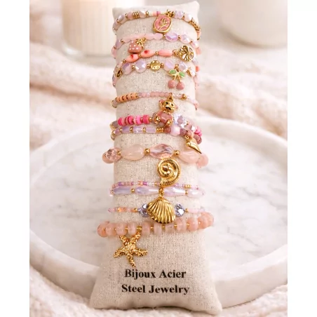 Pack de 12 bracelets cristal de verre et acier - rose