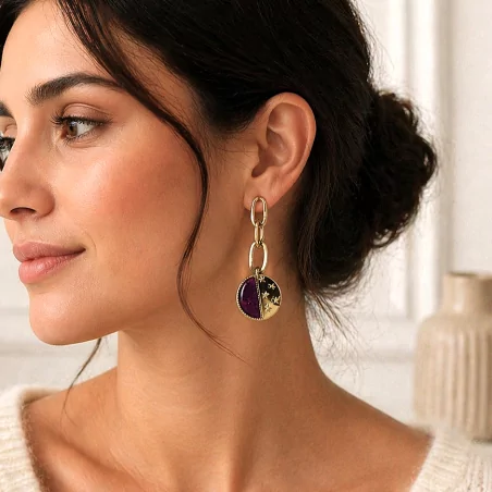 Boucles d’oreilles pendantes médaillon bicolore