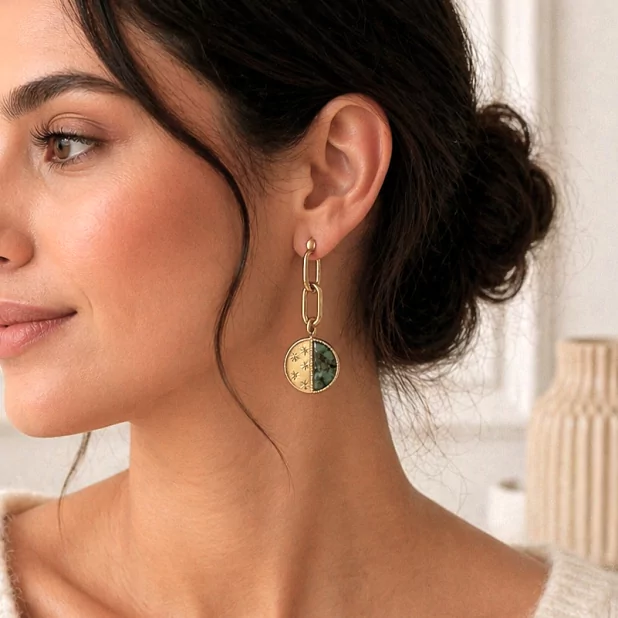 Boucles d’oreilles pendantes médaillon bicolore