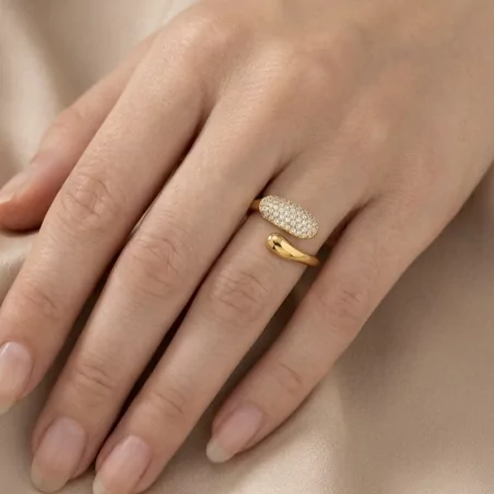 Bague acier ouverte design avec strass