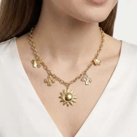 Collier doré breloques soleil et papillon
