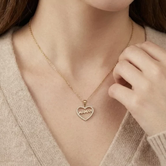 Collier cœur Maman en acier inoxydable – Doré