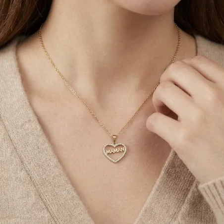 Collier cœur Maman en acier inoxydable – Doré