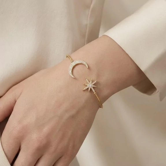 Bracelet jonc lune & étoile en acier – Doré