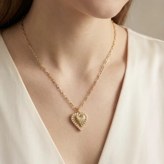 Collier Cœur en Acier Inoxydable avec Perles