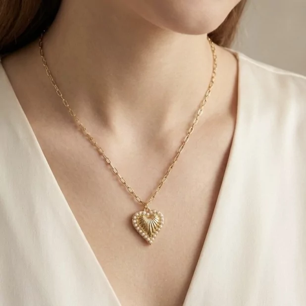 Collier Cœur en Acier Inoxydable avec Perles