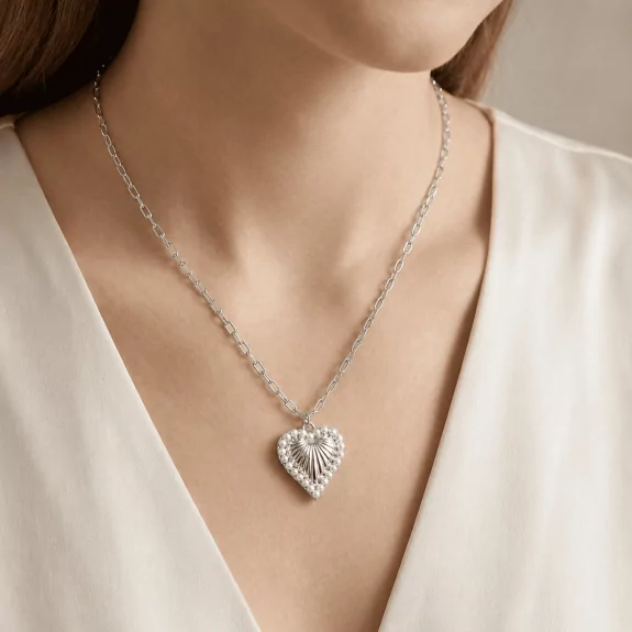 Collier Cœur en Acier Inoxydable avec Perles