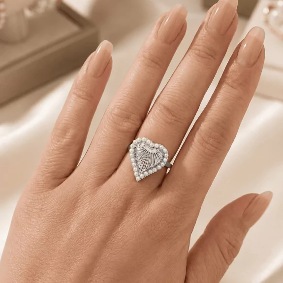 Bague Cœur Perlée en Acier Inoxydable