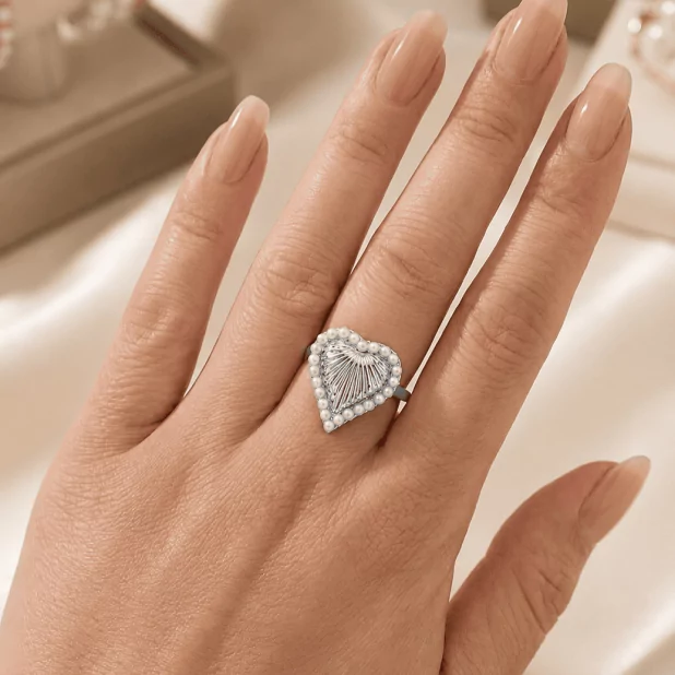Bague Cœur Perlée en Acier Inoxydable