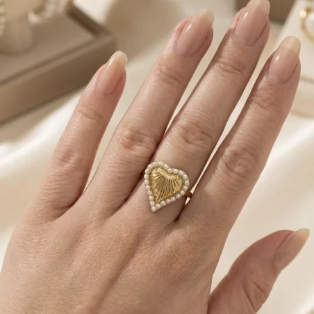 Bague Cœur Perlée en Acier Inoxydable