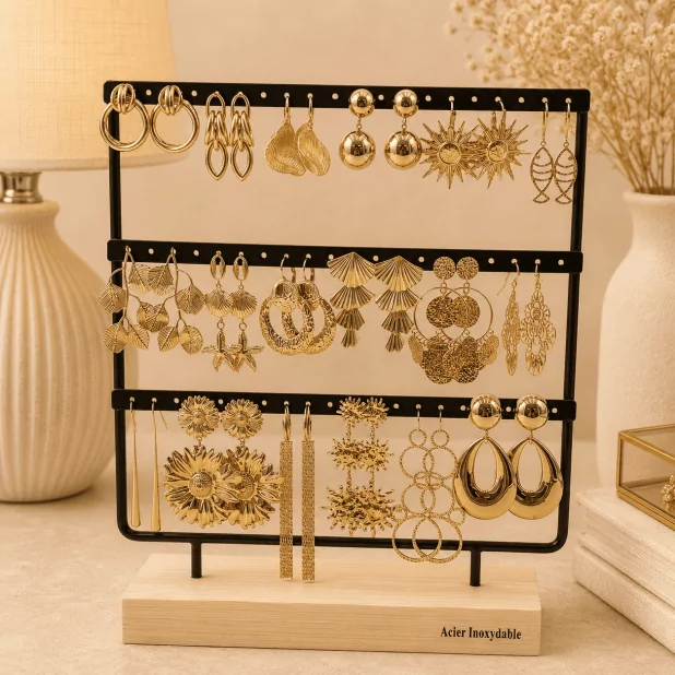 Pack de 18 boucles d'oreilles acier - DORE