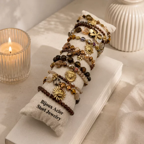 Pack de 12 bracelets cristal de verre et acier - marron