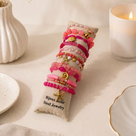 Pack de 12 bracelets cristal de verre et acier - fuchsia