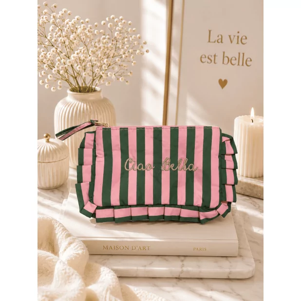 Pochette en tissu rayée “Ciao Bella” à volants Pochette en tissu rayée “Ciao Bella” à volants