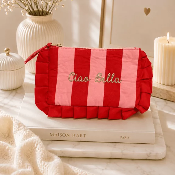 Pochette en tissu rayée “Ciao Bella” à volants