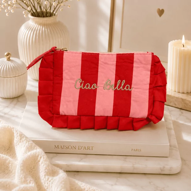 Pochette en tissu rayée “Ciao Bella” à volants