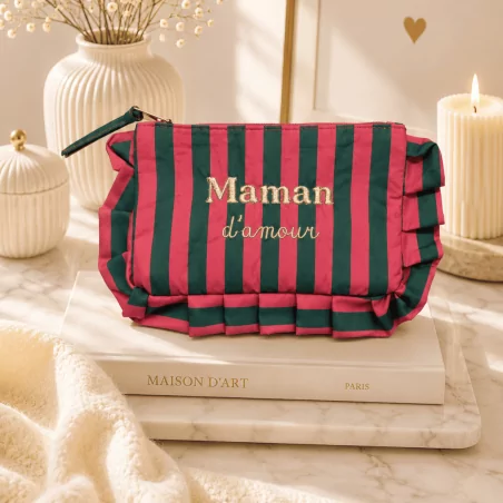 Pochette en tissu rayée “Maman d’amour” à volants
