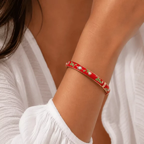 Bracelet jonc en émail coloré motif floral – Fermeture aimantée