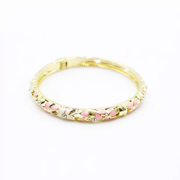 Bracelet jonc doré en émail fleuri avec strass – Fermeture aimantée