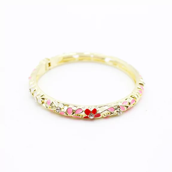 Bracelet jonc doré en émail fleuri avec strass – Fermeture aimantée